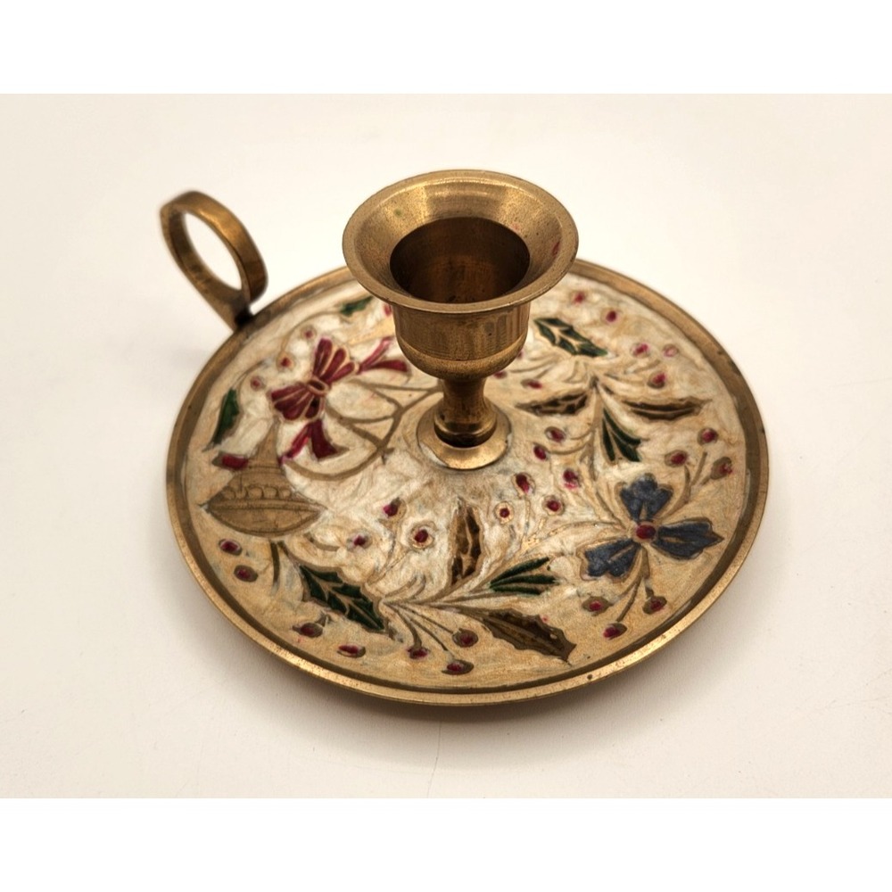 Brass Candleholder Christmas Theme Holly Bells Enameled Made in India Vintage